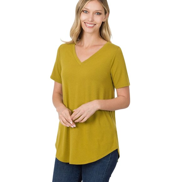 Zenana V Neck Round Hem Tee Size Small Short Sleeve Relaxed Fit Olive Mustard - Picture 1 of 8